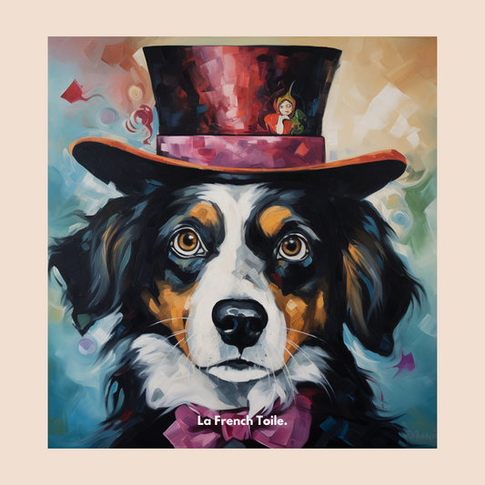 Chien magicien, chapeau rouge, toile peinture aux nuances éclatantes.