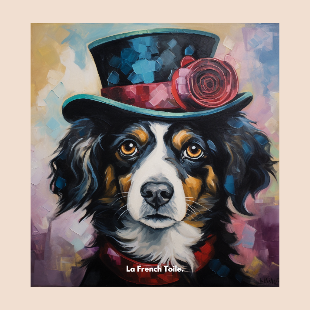 Chien magicien, chapeau haut-de-forme, toile peinture aux couleurs vibrantes.