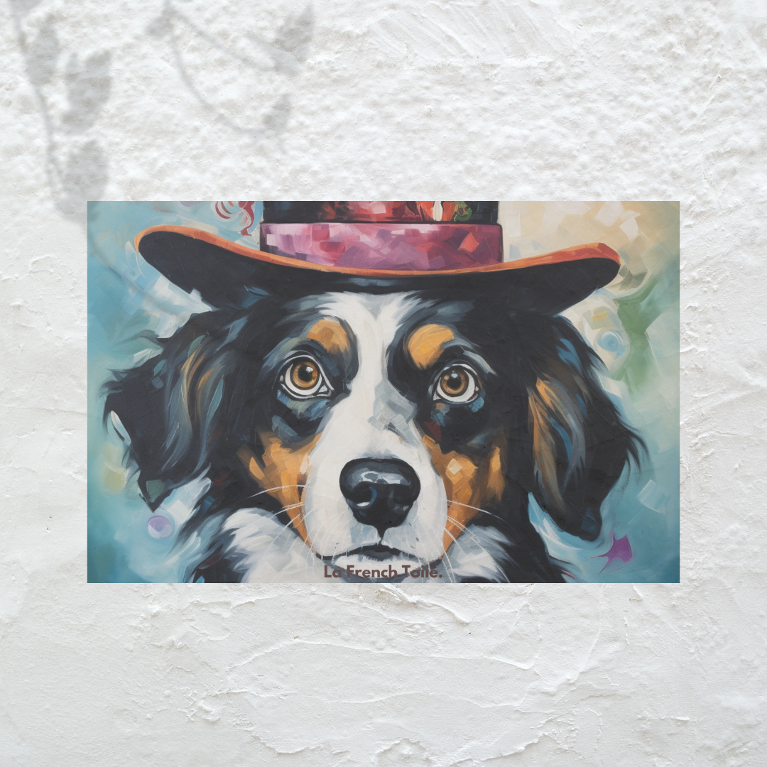 Chien magicien, chapeau haut-de-forme, toile peinture aux couleurs vibrantes.