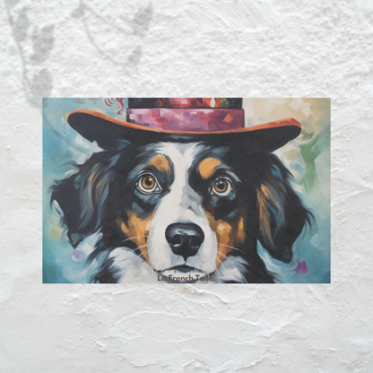 Chien magicien, chapeau haut-de-forme, toile peinture aux couleurs vibrantes.