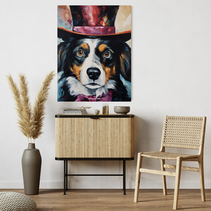 Chien magicien, chapeau haut-de-forme, toile peinture aux couleurs vibrantes.